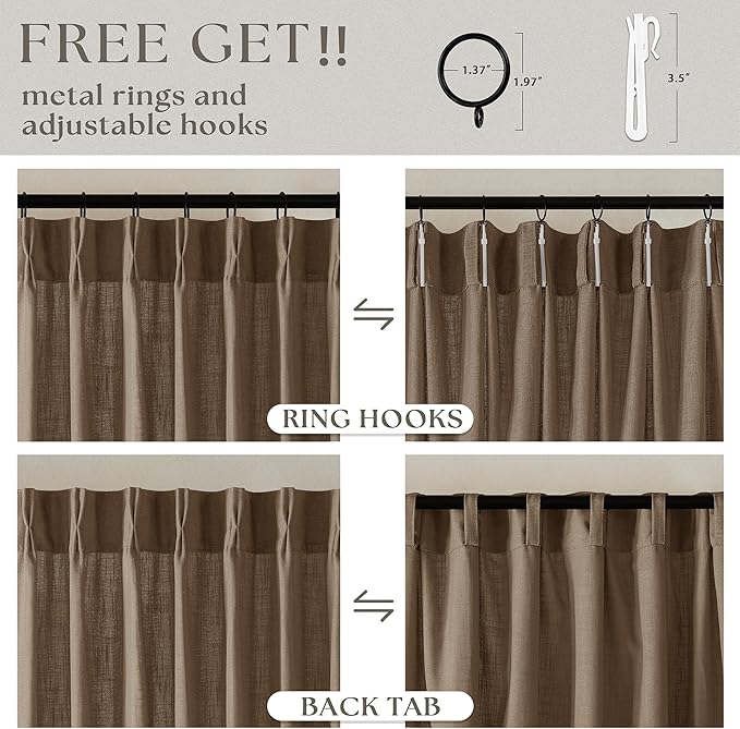 Extra Long Brown Linen Curtains 120 Inches Long Dutch Cocoa Boho Country Farmhouse Curtain Light Filtering Semi Sheer Back Tab Pinch Pleat Curtain for Tall Ceiling Living Room Bedroom 2 Panels