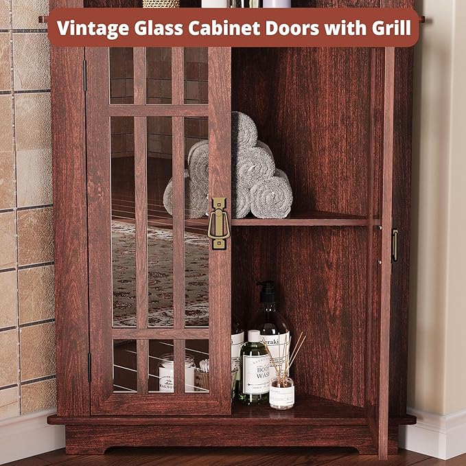 IRONCK Corner Cabinet, 71" H Tall Corner Storage Cabinet with 4 Glass Doors and 5 Shelves, Home Space Saver for Bathroom, Living Room, Mid Century Design, Red Walnut