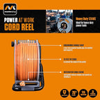 Masterplug Metal Steel Drum with Four Powered Outlets, Open Cord Reel Extension Cord with Winding Handle, Overload Circuit Breaker and Power Switch, 75 Feet 12AWG, High Visibility Cord