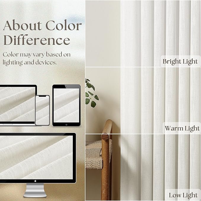 Off White Linen Pinch Pleated Curtains 80 Inches Long 2 Panels for Living Room Bedroom Beige White Textured Linen Pleated Hooks Rings Back Tab Boho Neutral Light Filter Curtain Drapes 80 Inch Length