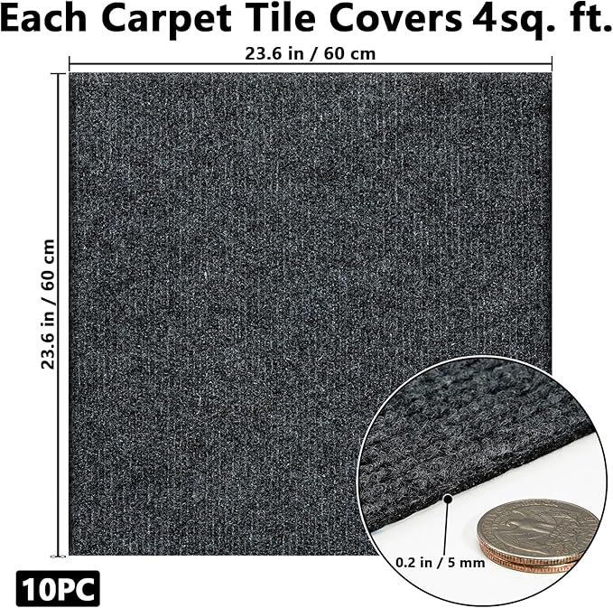 Carpet Tiles Peel and Stick, Self Adhesive Carpet Floor Tile 24" x 24", Dark Grey Soft Padded Flooring Sticker, Home Decor for Bedroom Living Room Office, 10 Tiles per Box