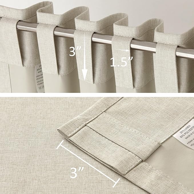 DUALIFE Blackout 96 Inches Long Natural Birch Curtains 2 Panel Set, Farmhouse Curtains for Living Room Darkening Thermal/Noise Reduction Textured Flax Linen Drape 8ft Rod Pocket&Back Tab 72W x 96L