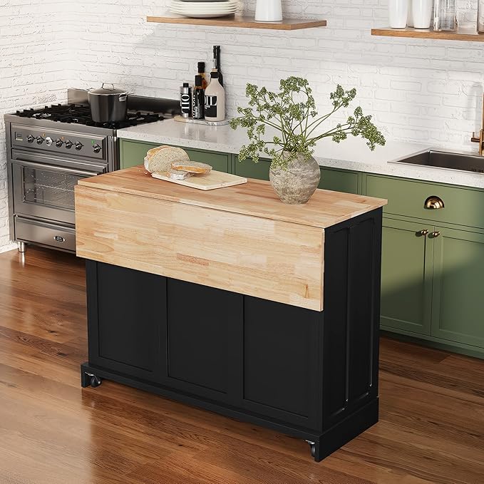 HLR Kitchen Island Cart with Storage, Carved Doors Modern Rolling Islands with Drop Leaf, Sideboard Buffet Cabinet on Wheels, Working Table for Kitchen, Dining Room (Black)