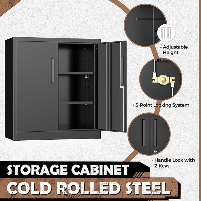 INTERGREAT Metal Garage Storage Cabinet, 36" Lockable Storage Cabinet with 2 Doors and 2 Adjustable Shelves, Steel Black File Cabinet Great for Home Office, Garage, Warehouse, Study Room