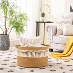 KAKAMAY Large Blanket Basket (20"x13"),Woven Baskets for storage Baby Laundry Hamper, Cotton Rope Blanket Basket for Living Room, Laundry, Nursery, Pillows, Baby Toy chest (Brown Fringe)
