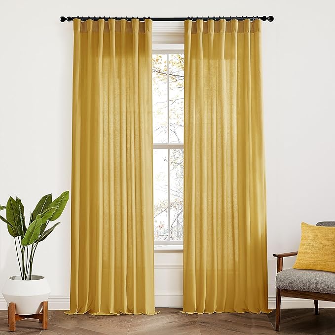 XTMYI Mustard Yellow Sheer Curtains 84 Inches Long for Spring Living Room 2 Panels Set Linen Textured Back Tab Pleated Gold Yellow Boho Retro Curtains for Bedroom Dining Room Kids Playroom,7ft Length