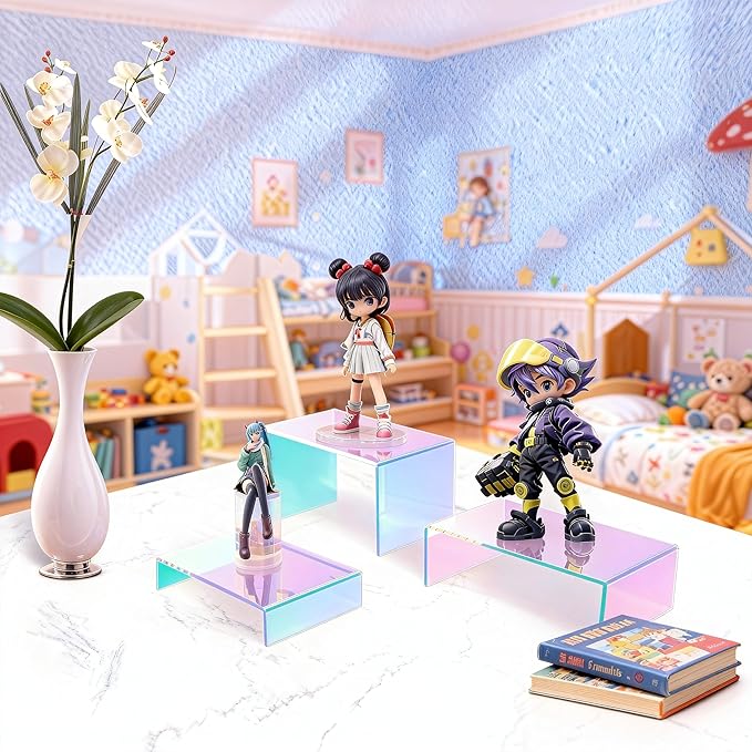 Stackable Acrylic Display Risers, 4 Sets 12 Pieces Clear Riser Stands, 3-Tier Iridesc Stair Stands for Cupcakes, Jewelry, Makeup - Waterproof & Easy Clean, Space-Saving Nesting Design (3 Sizes)