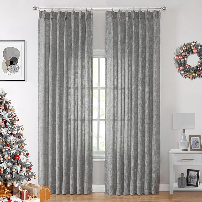 Vision Home Gray Pinch Pleated Semi Sheer Curtains Textured Light Filtering Window Curtains 90 inch for Living Room Bedroom Rayon Blended Charcoal Grey Pinch Pleat Drapes with Hooks 2 Panels 40"Wx90"L
