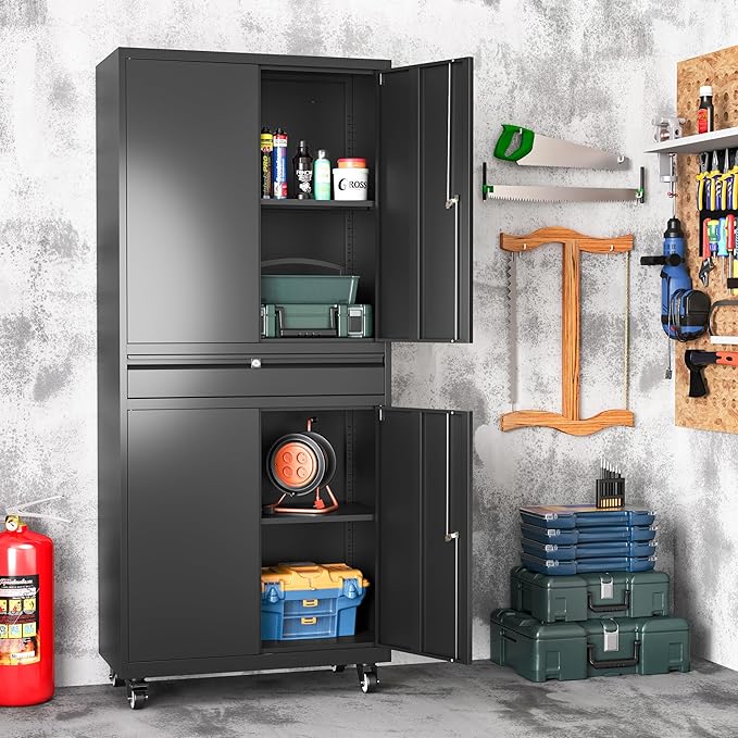 Metal Garage Storage Cabinet with 4 Wheels,Lockable Storage Cabinet with Adjustable Shelves and 1 Drawer,Rolling Tool Cabinet for Workshop Garage and School(Black)