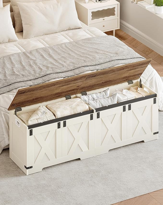 59" Storage Chest, Large Storage Trunk with 2 Hinges, Farmhouse Wooden Box Bench, Lift-Top Organizer Chest, Entryway Trunk for Bedroom, Living Room, White and Brown SB15014X