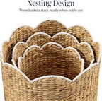Best Choice Products 3pc Water Hyacinth Scalloped Multipurpose Nesting Baskets, Storage Bin Organization Totes for Living Room, Bedroom, Nursery, Laundry Room - Natural w/White Trim