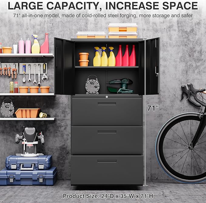 SISESOL 3 Drawer Lateral File Cabinet with Lock and Shelf,Black Metal Filling Cabinet with Drawers and Shelf, Locking File Storage Cabinets with Doors and Shelves for Home,Office,Garage,School