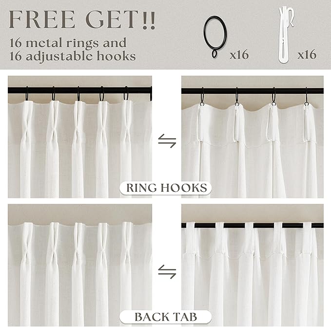 Beige White Pinch Pleated Linen Curtains 92 Inches Long 2 Panels for Living Room Bedroom Memory Training Shaped Semi Sheer Pleat Drapes with Hooks Rings Light Filtering Window Curtain 40x92
