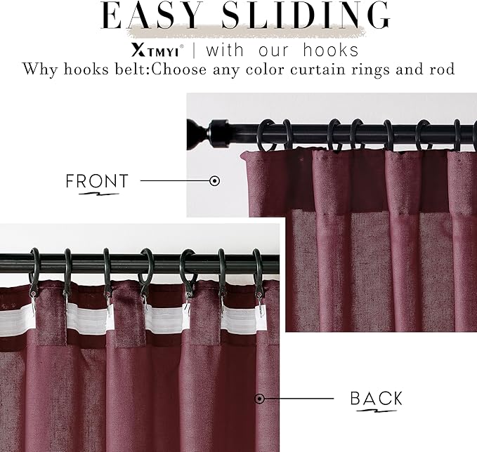 Maroon Wine Red Curtains 96 Inches Long for Living Room 2 Panels Set Linen Hooks Track Solid Regular Xmas Holiday Country Farmhouse Christmas Seasonal Themed Winter Curtains for Dining Room Bedroom