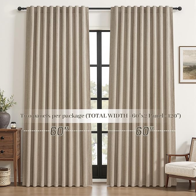 Blackout Curtains 60 Inches Extra Wide Grey Beige Linen Curtains 84 Inch Length for Living Room, Pleated Farmhouse Bedroom Thermal Drapes for Winter Large Window Energy Efficient(60"W x 84"L 2 Panels)