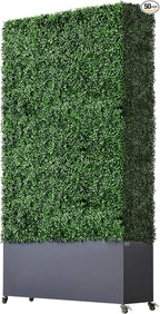 AGPL Artificial Hedge Wall with Dark Gray Color Stainless Steel Planter Box and Caster. Moveable Privacy Decorative Wall 48" W x12“D x 82“H …