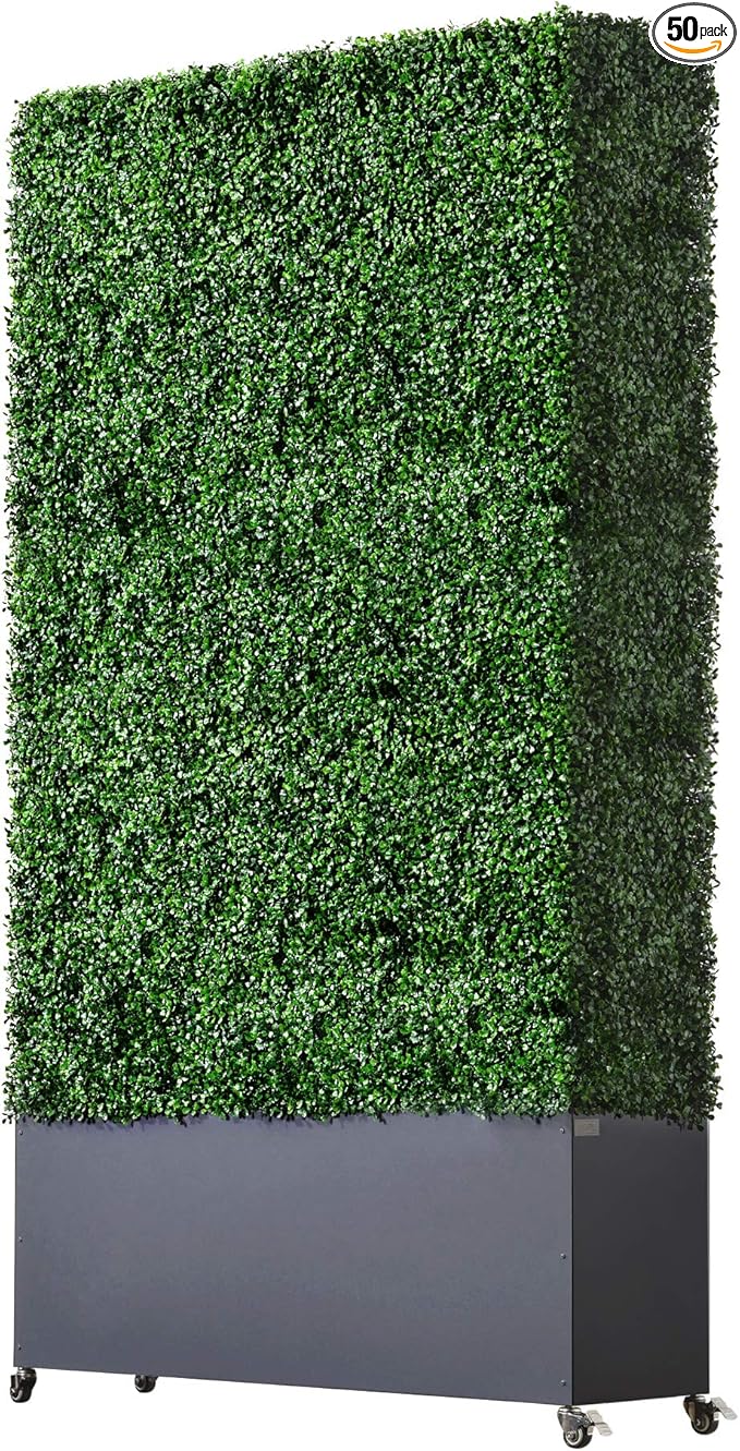 AGPL Artificial Hedge Wall with Dark Gray Color Stainless Steel Planter Box and Caster. Moveable Privacy Decorative Wall 48" W x12“D x 82“H …
