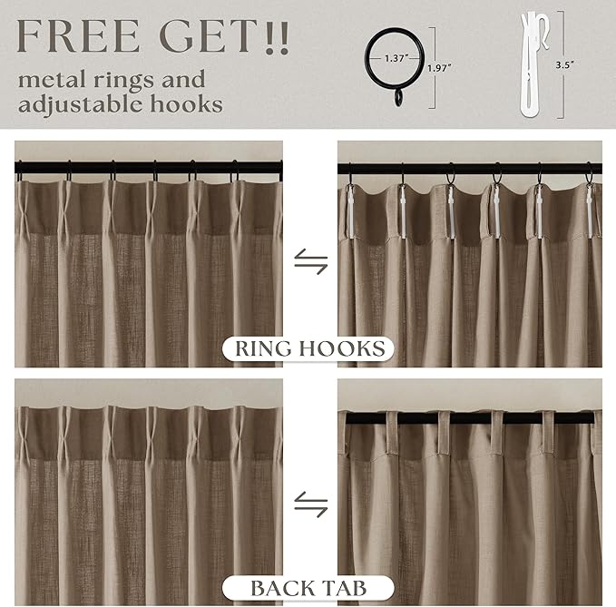 Extra Long Light Brown Linen Curtains 120 Inches Long Tan Brown Coffee Latte Farmhouse Rustic Curtain Light Filtering Semi Sheer Back Tab Pinch Pleat Curtain for Tall Ceiling Living Room 2 Panels