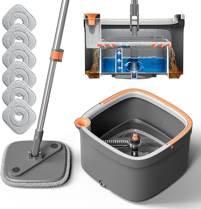 KZKR Spin Mop and Bucket Set with 6 Replaceable Microfiber Mop Pads with Self Separation Dirty and Clean Water System, Self Wringing 360° Rotating Square Mop Head for Hardwood Tile Marble Floors