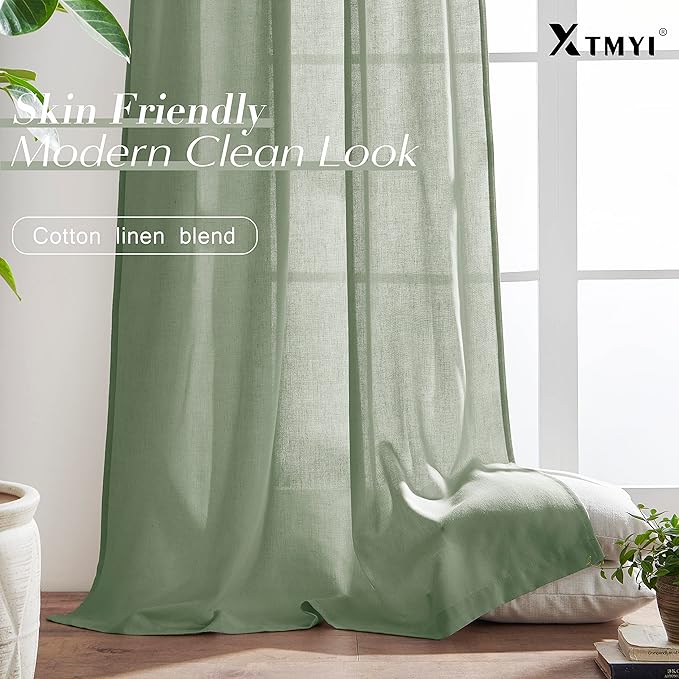 XTMYI Sage Green Sheer Curtains 63 Inch Length for Living Room,Boho Rod Pocket Light Filtering Linen Semi Transparent Bedroom Curtains Drapes 63 Inches Long 2 Panels Set for Bathroom Window Kitchen