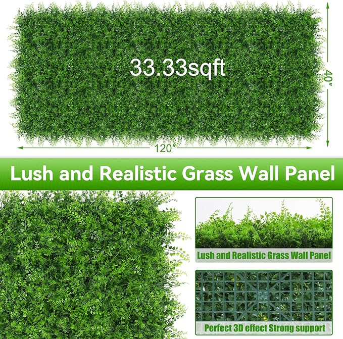 40"x120"(33.33 SQFT) Grass Wall Panels, Artificial Fern Grass Backdrop with UV Protection, Fake Greenery Plant Boxwood Roll, Green Wall Decor for Outdoor Indoor Patio Garden Backyard