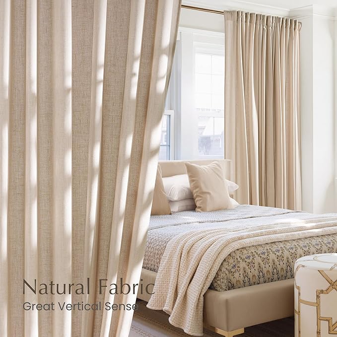 NICETOWN Semi Sheer Light Filtering 102 inches Long Curtains, Back Tab/Rod Pocket with Pleat Tape Thick Linen Privacy Added Window Treatments for Bedroom, Angora, W52 x L102, 2 Panels
