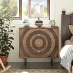 Farmhouse 3-Drawer Dresser, Accent Wooden Chest of Drawers with Circle Pattern and Radioactive Wood Lines, Accent Storage Dresser for Living Room, Bedroom, Natural Wood Color