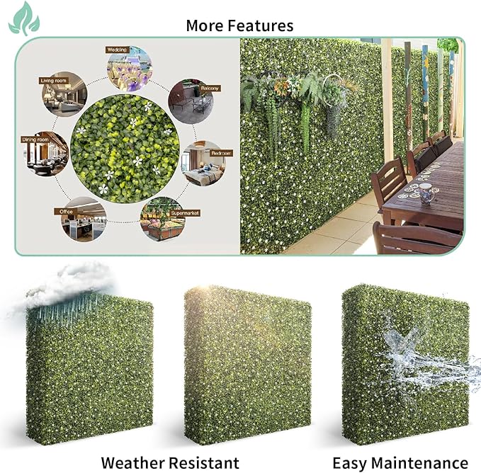 SunnyRoyal 162" Wx72 Hx6 D Artificial Boxwood Hedge Wall for Indoor and Outdoor Lifelike Greenery Privacy Fence for Patio Balcony Office Garden Party(Green with White Flower)