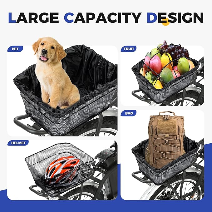 KAUFU Rear Bike Basket with Waterproof Cover and Adjustable Cargo Net, Large Bicycle Cargo Rack Storage Basket, Universal for Most Rear Bike Racks Fit for Shopping, Pets and Daily Outings