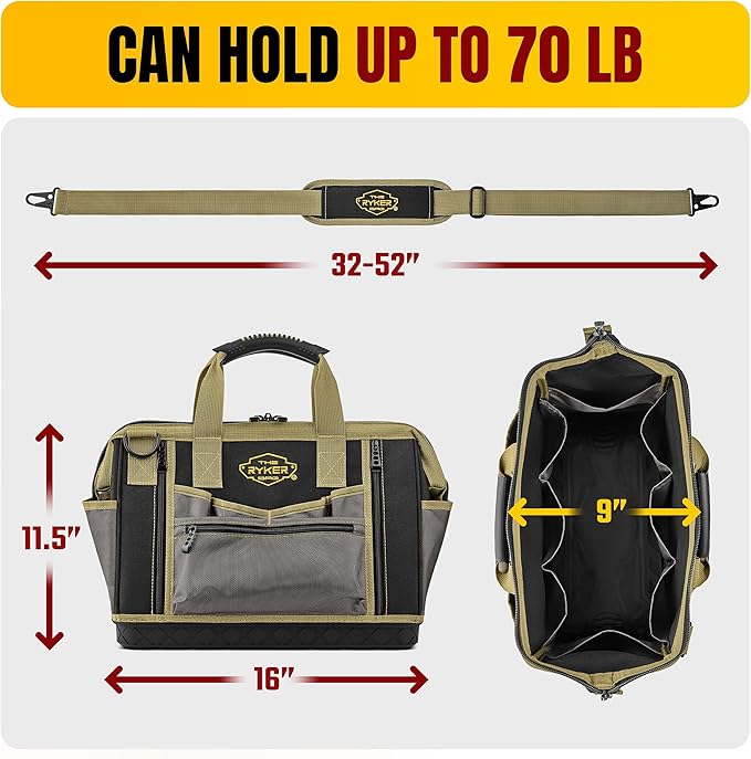 The Ryker 16-inch Large Tool Bag Heavy Duty Tool Bag Organizer for Men/Women 28pockets Portable Utility Bags for Tools - Toolbag Organizers Electrician Tools Bags for men Heavy Duty