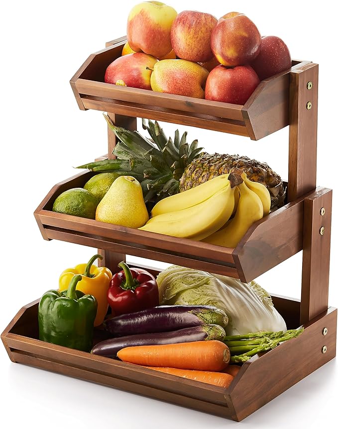 HOLANA Acacia 3 Tier Fruit Basket for Counter – Wooden Fruit Bowl for Kitchen Counter Organizer & Produce Storage Wooden Basket, Snack Organizer for Countertop, Kitchen Counter Storage (Acacia)
