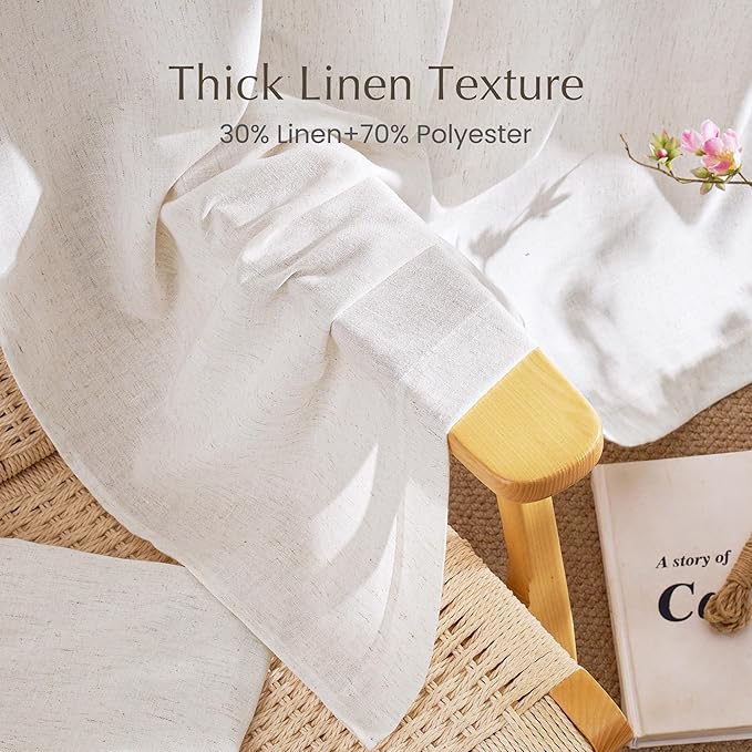 NICETOWN Thick Linen Cream Curtains 84 inches Long 2 Panels Set, Pleat Tape Semi Sheer Privacy Added with Light Filtering Window Treatments for Living Room/Bedroom, W52 x L84
