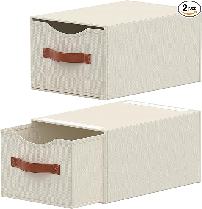 2 Pack Stackable Storage Drawers, Fabric Closet Organizers and Storage with Handles and Clear Window, Pull-Out Clothes Storage Bins with Drawer for Closet, Bedroom, Living Room, Under Bed, Beige