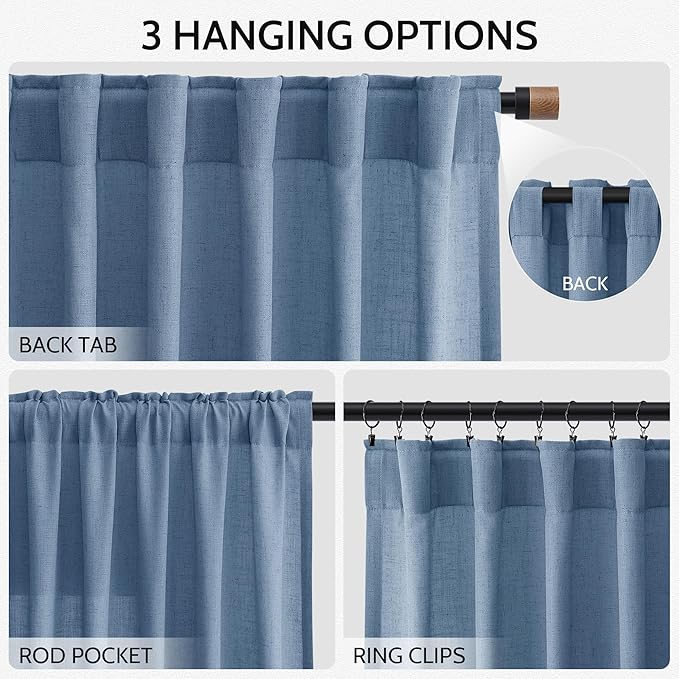 Nanspring Stone Blue Linen Curtains 84 Inches Long for Living Room Back Tab Luxury Light Filtering Privacy Semi Sheer Curtain Modern Farmhouse Boho Drapes for Bedroom Office 2 Panels Set 52x84