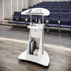 Adjustable Height Rolling Laptop Cart with Storage, Sit to Stand Desk with Wheels, Podium Stand or Medical Cart, White