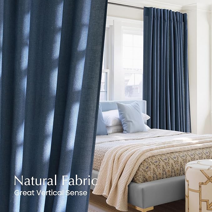 NICETOWN Thick Linen Semi Sheer Navy Blue Curtains for Living Room, Pleat Tape Semi Sheer Privacy Added with Light Filtering Window Treatments for Farmhouse/Bedroom, W52 x L95, 2 Panels