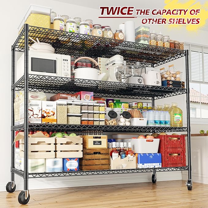 REIBII 75.6" H Storage Shelves Metal Shelving Unit with Wheels 55''W Garage Shelving Heavy Duty Wire Shelves for Storage Rack Adjustable Pantry Shelf Commercial Shelving, 75.6" H X 55.5''W X 24" D