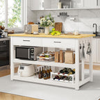 47.3" Solid Rubberwood Kitchen Island with Power Outlets - Extra Large Work Surface, 2 Drawers & Open Shelves Storage Cabinet for Kitchen Dining Room, Farmhouse Style (White)