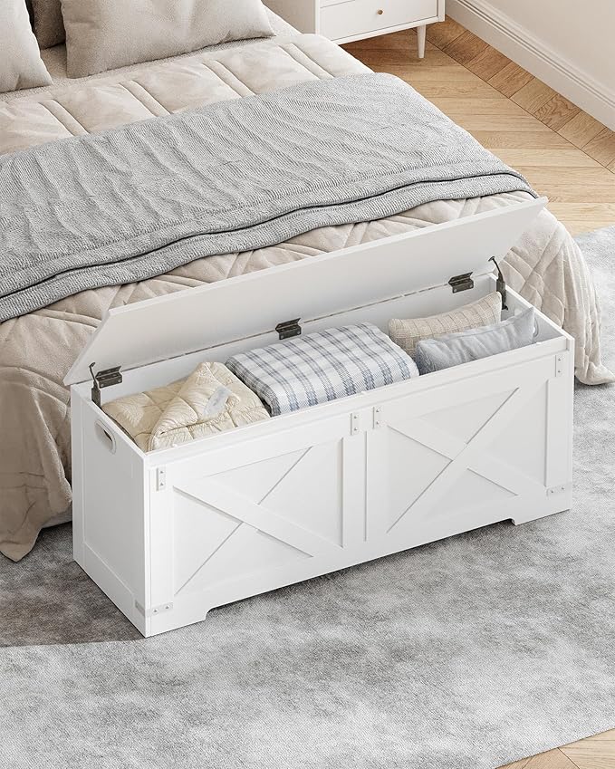 47.2" Storage Chest, Large Storage Trunk with 2 Hinges, Farmhouse Wooden Box Bench, Lift-Top Organizer Chest, Entryway Trunk for Bedroom, Living Room, White SB12103X