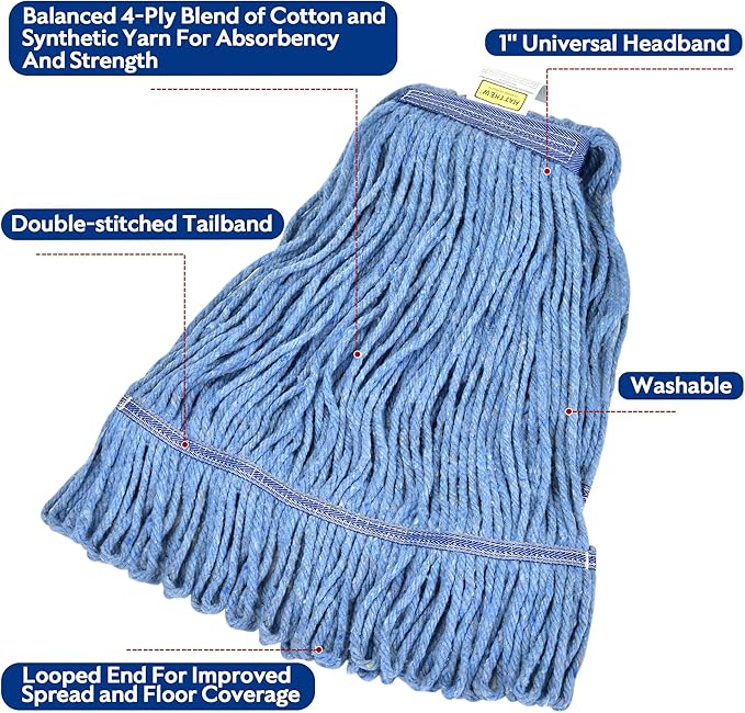 Matthew Cleaning Heavy Duty Mop Head Commercial Grade Replacement for General and Floor Cleaning, Wet Industrial Blue Cotton Looped End String Head Refills (Case of 36) Blue