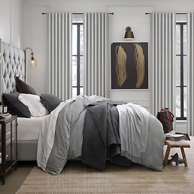 Gray 100% Black Out Linen Curtains 120 Inches Long 2 Panels Set for Kids Boys Room, Country Farmhouse Pleated Ceiling Track Curtain with Rod Pocket Window Drapes Heavy Thermal Privacy for Nursery