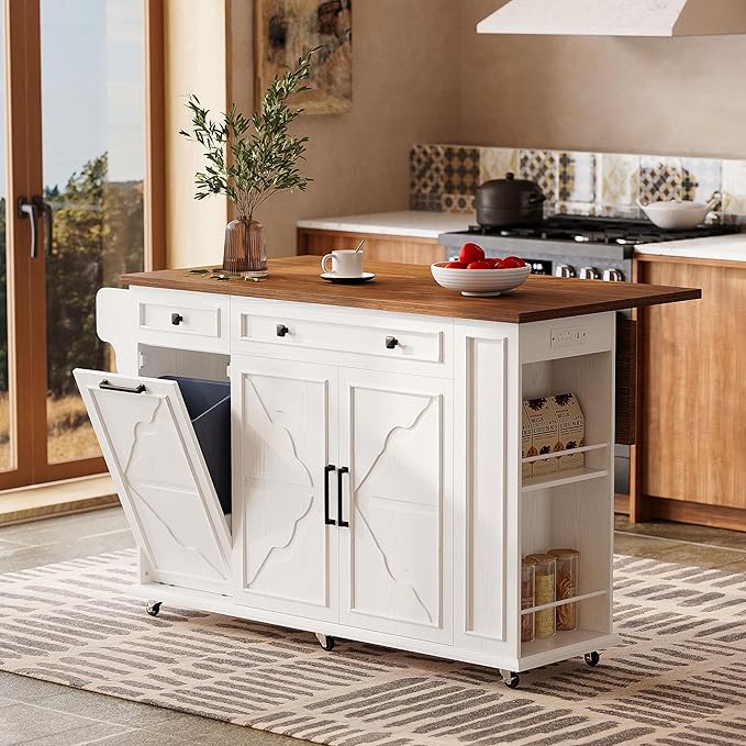 IRONCK Kitchen Island with Storage, Rolling Island Table on Wheels with Drop Leaf, Charging Station and Trash Can Storage, Portable Islands Table with Open Spice Rack and Drawer for Living Room, White