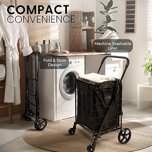 SereneLife Small Compact Folding Shopping Cart with Removable Waterproof Liner – 360° Swivel Wheels, Rust‑Proof Steel Frame, 70 lb Capacity – Portable Grocery, Laundry & Travel Cart (Black)