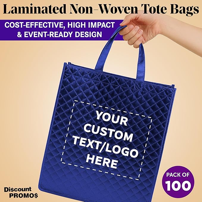 DISCOUNT PROMOS Custom Luxurious Laminated Tote Bags Set of 100, Personalized Bulk Pack - Reusable, Great for Shopping, Beach, Wedding Favors - Royal Blue