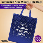 DISCOUNT PROMOS Custom Luxurious Laminated Tote Bags Set of 100, Personalized Bulk Pack - Reusable, Great for Shopping, Beach, Wedding Favors - Royal Blue