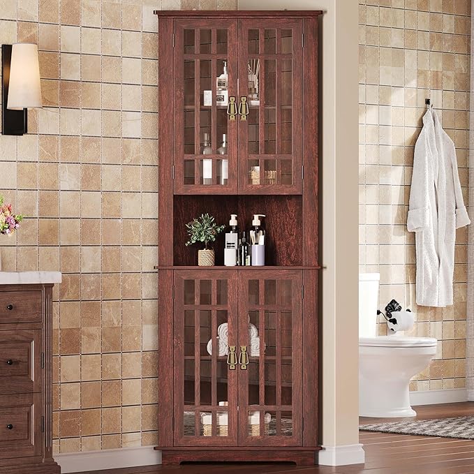 IRONCK Corner Cabinet, 71" H Tall Corner Storage Cabinet with 4 Glass Doors and 5 Shelves, Home Space Saver for Bathroom, Living Room, Mid Century Design, Red Walnut