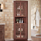 IRONCK Corner Cabinet, 71" H Tall Corner Storage Cabinet with 4 Glass Doors and 5 Shelves, Home Space Saver for Bathroom, Living Room, Mid Century Design, Red Walnut