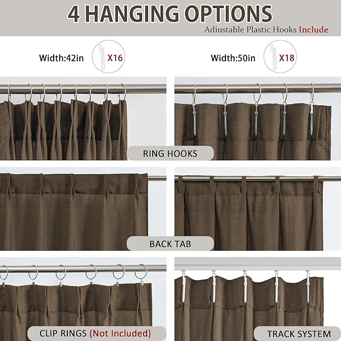 Brown Pleated Linen Curtains 120 Inches Long Farmhouse Semi Sheer Memory Trained Shape Pinch Pleat Drapes with Hooks Back Tab Ripple Fold Curtain for Bedroom Living Room 42x120