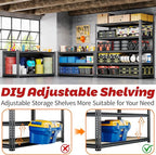 48"W Garage Shelving, 3050LBS Storage Shelves heavy duty, 5 Tier Metal Shelving Unit Adjustable Garage Shelves Heavy Duty Shelving for Warehouse,Commercial, Kitchen, 48" W × 24" D × 72" H, Black，2PCS