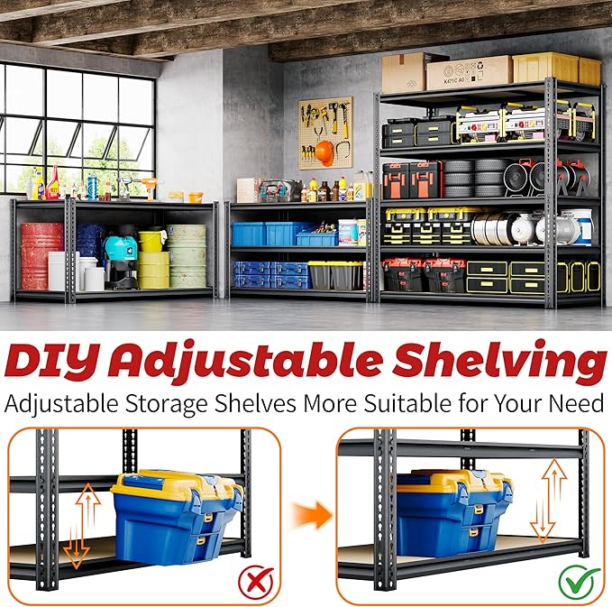 48"W Garage Shelving, 3050LBS Storage Shelves heavy duty, 5 Tier Metal Shelving Unit Adjustable Garage Shelves Heavy Duty Shelving for Warehouse,Commercial, Kitchen, 48" W × 24" D × 72" H, Black，2PCS